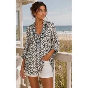 Barbara Gerwit Linen Tunic Top Black White Embroidery Beaded Golden Girl Small